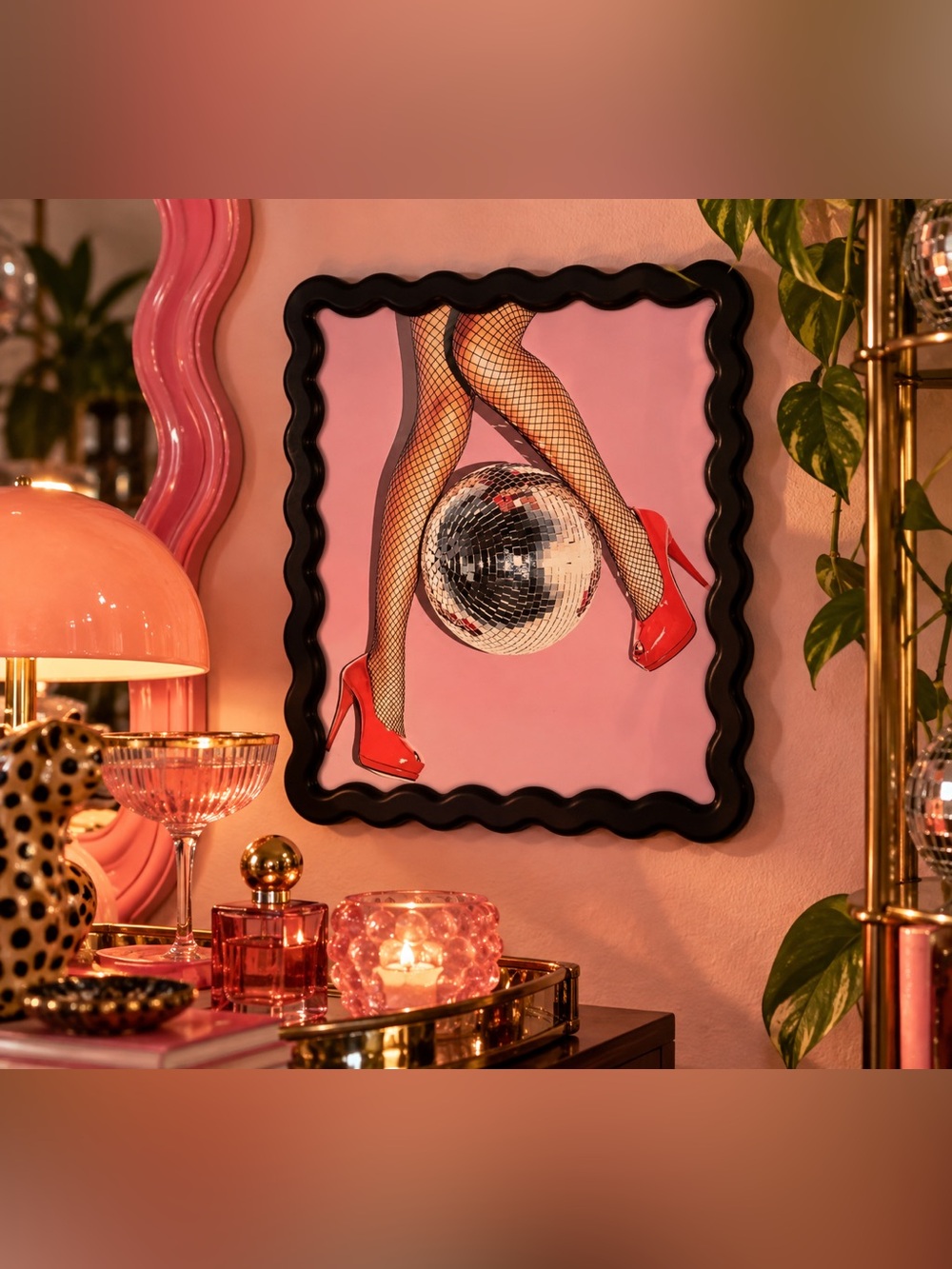 Retro Disco Girl Wall Art Pink Red Heels Fishnet Glam Scalloped Frame 9x11
